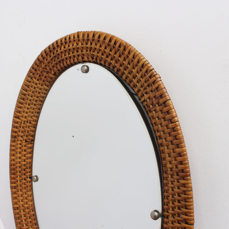 Italian Wicker Rattan Oval-Shaped Wall Mirror (circa 1960s)