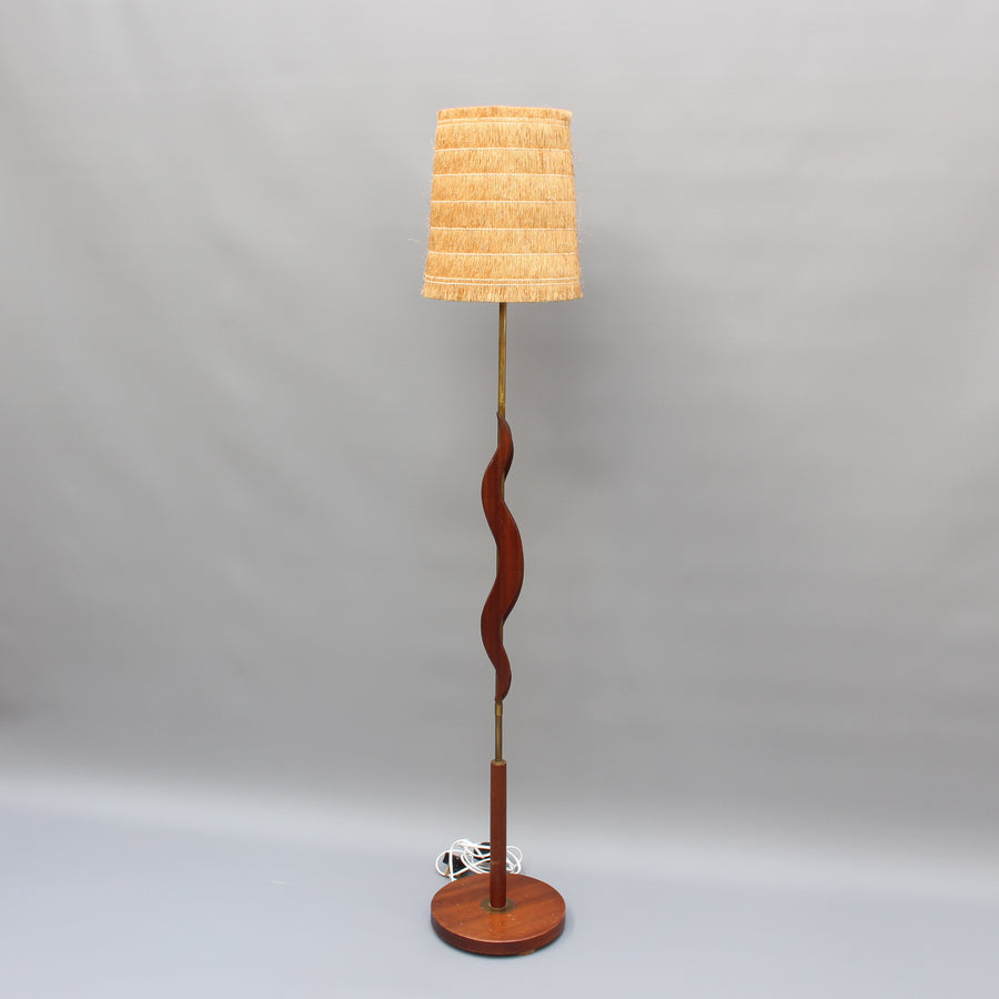 Mid-Century French Wooden and Brass Floor Lamp (circa 1950s)