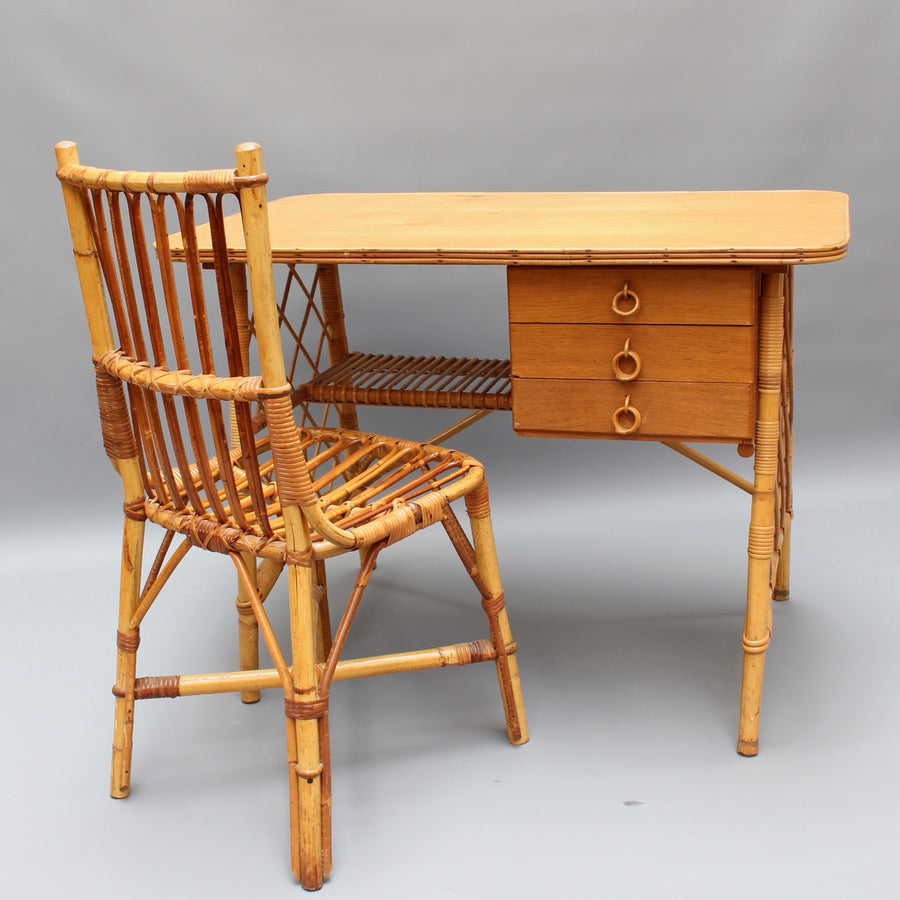 Rattan Desk / Vanity Table and Chair by Louis Sognot (circa 1950s)