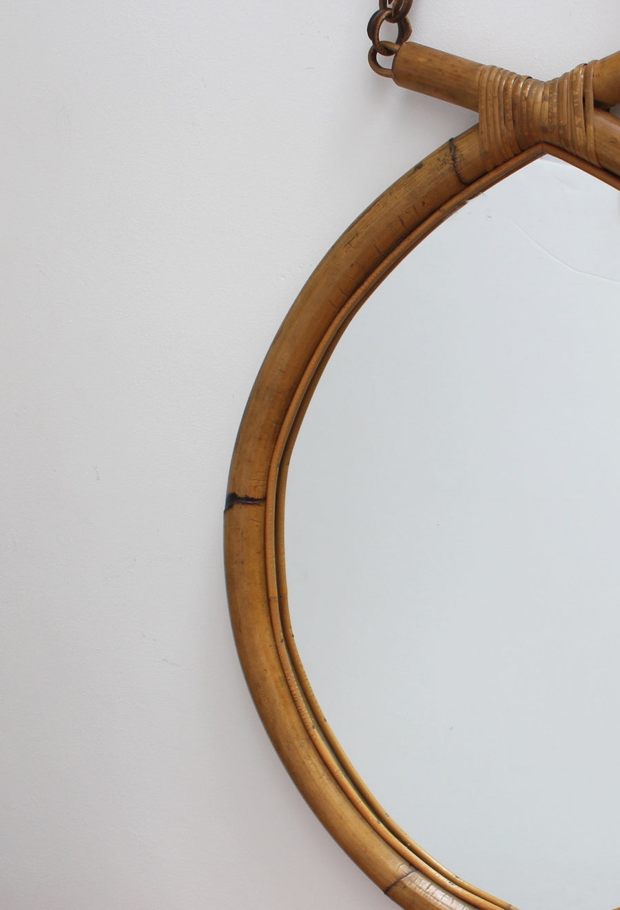 Italian 'Eye-Shaped' Style Bamboo and Rattan Mirror with Hanging Chain (circa 1960s)