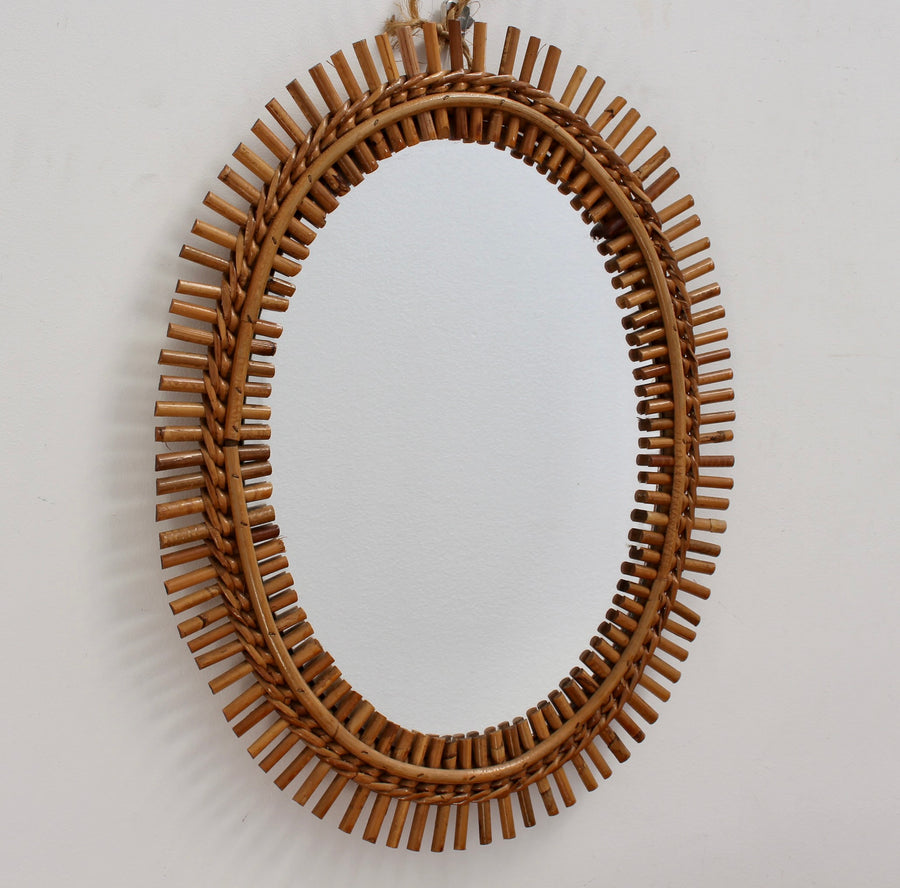 Italian Vintage Rattan Oval Wall Mirror (circa 1960s)