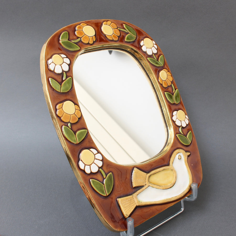 Ceramic Wall Mirror with Flower Motif and Stylised Bird by Mithé Espelt (circa 1960s)