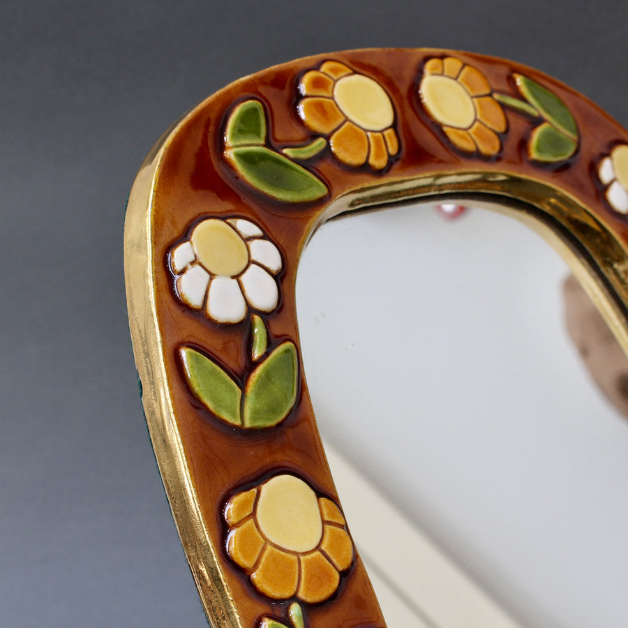 Ceramic Wall Mirror with Flower Motif and Stylised Bird by Mithé Espelt (circa 1960s)