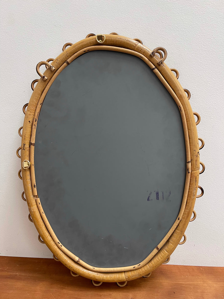 Mid-Century Italian Oval-Shaped Rattan Wall Mirror (circa 1960s)